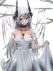 Rule 34 | 1girl, absurdres, alternate costume, arknights, bare shoulders, black choker, choker, collarbone, commentary, cowboy shot, cross, cross necklace, dress, heimu (heim kstr), highres, horns, jewelry, long hair, looking at viewer, material growth, mudrock (arknights), necklace, off-shoulder dress, off shoulder, oripathy lesion (arknights), pointy ears, red eyes, short sleeves, sidelocks, simple background, skirt hold, smile, solo, standing, very long hair, white background, white dress, white hair