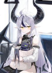 Rule 34 | 1girl, absurdres, ahoge, bag, bare shoulders, bird, black dress, blush, closed mouth, commentary, crow (la+ darknesss), demon horns, detached sleeves, dress, frown, grey hair, hair between eyes, highres, holding, holding bag, hololive, horns, kabedoru, la+ darknesss, long hair, long sleeves, looking at viewer, multicolored hair, pointy ears, purple hair, simple background, solo, streaked hair, symbol-only commentary, tail, train interior, very long hair, virtual youtuber, yellow eyes