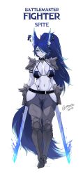 1girl animal_ear_fluff animal_ears armor bikini_armor blue_eyes blue_hair breasts chain collar colored_skin flaming_sword flaming_weapon gauntlets greaves high_ponytail highres indie_virtual_youtuber long_hair multicolored_hair myth1carts navel pauldrons piercing scar scar_across_eye shoulder_armor solo spikes spirit spite_(vtuber) tail tattoo virtual_youtuber wolf wolf_ears wolf_girl wolf_tail