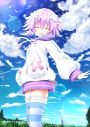 Rule 34 | 1girl, absurdres, blush, closed eyes, cloud, cloudy sky, d-pad, day, ex idol, facing viewer, feathers, hair ornament, hairclip, highres, hood, hooded jacket, jacket, neptune (neptunia), neptune (series), open mouth, purple hair, short hair, sky, smile, solo, striped clothes, striped thighhighs, thighhighs, usb