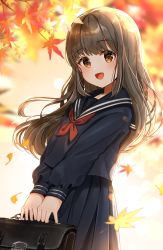 Rule 34 | 1girl, :d, absurdres, autumn leaves, bad id, bad pixiv id, black sailor collar, black serafuku, black shirt, black skirt, blurry, blurry background, blush, briefcase, brown eyes, brown hair, commentary request, depth of field, highres, holding, katsushika pachi, leaf, long hair, long sleeves, looking at viewer, maple leaf, neckerchief, open mouth, original, pleated skirt, red neckerchief, sailor collar, school briefcase, school uniform, serafuku, shirt, skirt, sleeves past wrists, smile, solo, very long hair