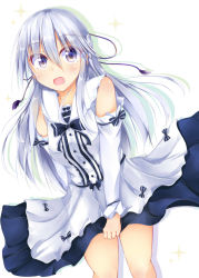 Rule 34 | 1girl, :o, alternate costume, alternate hairstyle, arms behind back, blue eyes, blush, covering privates, covering crotch, cowboy shot, detached sleeves, highres, kuzumomo, layered skirt, leaning, long hair, looking at viewer, mononobe no futo, open mouth, ribbon, silver hair, simple background, skirt, skirt tug, solo, sparkle, touhou, vest, white background
