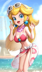 Rule 34 | 1girl, :d, absurdres, beach, bikini, blonde hair, blue eyes, breasts, cleavage, day, earrings, eyewear on head, feet, flower, flower necklace, gonzarez, highres, in-universe location, jewelry, large breasts, lips, looking at viewer, mario (series), moon print, navel, necklace, nintendo, open mouth, outdoors, pink bikini, princess peach, princess peach (swimwear), sarong, smile, solo, sphere earrings, sunglasses, super mario odyssey, swimsuit