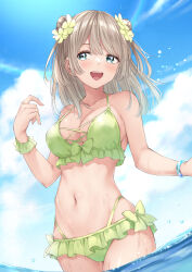 Rule 34 | 1girl, :d, aqua eyes, bikini, blue sky, blush, bracelet, breasts, brown hair, cleavage, cloud, collarbone, commentary, day, double bun, flower, frilled bikini, frills, green bikini, hair between eyes, hair bun, hair flower, hair ornament, highleg, highleg bikini, highres, jewelry, long hair, medium breasts, navel, open mouth, original, outdoors, sky, smile, solo, stomach, swimsuit, teeth, upper teeth only, wading, water drop, wet, wing (aiastor)