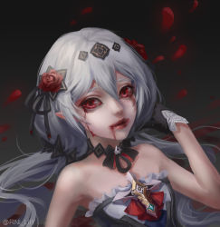 Rule 34 | 1girl, absurdres, anyuesama, bare shoulders, black dress, black gloves, blood, blood on face, bloody tears, choker, closed mouth, dress, flower, gloves, hair between eyes, hair flower, hair ornament, highres, honkai (series), honkai impact 3rd, horror (theme), lipstick, long hair, looking at viewer, makeup, petals, pointy ears, red eyes, red flower, red rose, rose, solo, theresa apocalypse, theresa apocalypse (luna kindred), twintails, vampire, white hair