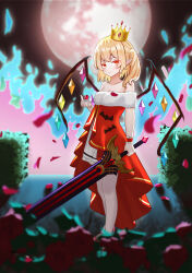 Rule 34 | 1girl, absurdres, alternate costume, animal print, bat print, blonde hair, closed mouth, commentary request, crown, crystal, dress, flandre scarlet, full body, full moon, highres, holding, holding sword, holding weapon, linuslinus920423, looking at viewer, moon, one side up, outdoors, pointy ears, red dress, short hair, smile, solo, standing, strapless, strapless dress, sword, touhou, weapon, wings