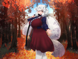 Rule 34 | 1girl, :d, ahoge, alternate breast size, animal ears, autumn, autumn leaves, beckoning, black horns, breasts, brown eyes, brown ribbon, dappled sunlight, day, dress, extra ears, grey horns, hair over one eye, hair ribbon, hand up, highres, horns, huge breasts, kemono friends, long hair, long sleeves, looking at viewer, looking back, medium dress, mo23, multicolored horns, official alternate costume, open hand, open mouth, outdoors, outstretched hand, ox ears, ox girl, ox horns, ribbon, scarf, sidelocks, smile, solo, sunlight, tail, tree, twintails, very long hair, white hair, yak (kemono friends)
