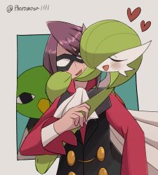 Rule 34 | 1boy, 1girl, a-nya, artist name, ascot, bird, black eyes, black vest, blue background, blush, bob cut, border, buttons, closed eyes, collared shirt, creatures (company), domino mask, game freak, gardevoir, gen 2 pokemon, gen 3 pokemon, green hair, grey border, hair over one eye, hand on another&#039;s cheek, hand up, happy, heart, hetero, highres, hug, hug from behind, interspecies, layered sleeves, long sleeves, looking at viewer, mask, nervous, nervous smile, nintendo, one eye covered, open mouth, outside border, pokemon, pokemon (creature), pokemon hgss, purple hair, red shirt, shirt, short hair, sidelocks, signature, simple background, smile, standing, sweat, twitter username, u u, upper body, vest, white ascot, will (pokemon), xatu