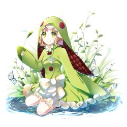 Rule 34 | 10s, 1girl, bow, brown hair, bubble, bug, buttons, c-i, chamot rosso, dragonfly, dress, eyebrows, eyes visible through hair, frilled dress, frills, full body, grass, green eyes, highres, holding, hood, insect, leaf, plant, pond, rokka no yuusha, short hair, simple background, sitting, smile, solo, white background