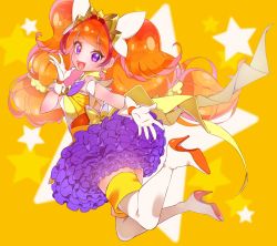 Rule 34 | 1girl, :d, amanogawa kirara, bare shoulders, bow, brooch, choker, cowboy shot, cure twinkle, earrings, gloves, go! princess precure, high heels, highres, jewelry, long hair, looking at viewer, looking back, low-tied long hair, magical girl, multicolored hair, open mouth, orange hair, precure, purple bow, purple eyes, quad tails, shoes, skirt, smile, solo, star (symbol), star earrings, streaked hair, thighhighs, twintails, two-tone hair, white gloves, yellow bow, yellow skirt, yupiteru, zettai ryouiki