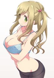 Rule 34 | 1girl, black pantyhose, blue bra, blue panties, bra, breast hold, breasts, brown hair, cleavage, closed mouth, cowboy shot, fang, fang out, from side, gradient background, green eyes, hair bobbles, hair ornament, inuyama aoi, large breasts, leaning forward, long hair, looking at viewer, mel (melty pot), navel, panties, panties under pantyhose, pantyhose, side ponytail, sidelocks, simple background, skin fang, smile, solo, strap gap, thick eyebrows, underwear, underwear only, yurucamp