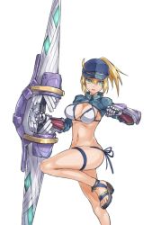 Rule 34 | 1girl, artoria pendragon (fate), baseball cap, bikini, blonde hair, blue footwear, blue hat, breasts, commentary request, depo (typebaby505), fate/grand order, fate (series), gauntlets, gloves, green eyes, grey gloves, hair through headwear, hat, highres, holding, holding weapon, leg up, long sleeves, looking at viewer, medium breasts, medium hair, mysterious heroine x (fate), mysterious heroine xx (fate), parted lips, ponytail, sandals, shrug (clothing), simple background, solo, standing, standing on one leg, swimsuit, thighlet, twinmyniad (fate), weapon, white background, white bikini