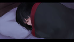 Rule 34 | 1girl, bed, black hair, half-closed eye, letterboxed, looking at viewer, one eye covered, original, pillow, red eyes, shimmer, solo, under covers, waking up