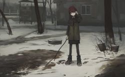 Rule 34 | 1girl, absurdres, adjusting clothes, adjusting headwear, bad id, bad twitter id, black hair, black legwear, boots, branch, collar, hat, highres, holding, holding branch, jacket, medium hair, medium skirt, original, outdoors, panp, plaid headwear, red hat, skirt, snow, solo, standing, white collar
