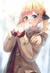 Rule 34 | 1girl, :d, black ribbon, blonde hair, blue eyes, blurry, blurry background, blush, breath, brown coat, coat, collared shirt, commentary request, depth of field, dress shirt, enuni, hair bobbles, hair ornament, hair ribbon, hairclip, hands up, highres, hood, hood down, hooded coat, hoshino sora (enuni), long sleeves, looking at viewer, open clothes, open coat, open mouth, original, red carpet, ribbon, shirt, sleeves past wrists, smile, solo, teeth, twintails, upper body, upper teeth only, white shirt