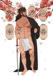 Rule 34 | 1boy, abs, arm hair, bara, bare pectorals, beard, black kimono, character request, cherry blossoms, chest hair, copyright request, cross scar, facial hair, floral background, full body, headband, japanese clothes, katana, kimono, koji (wildlhz), large pectorals, leg hair, loincloth, long hair, male focus, male pubic hair, mature male, muscular, muscular male, navel, navel hair, nipples, open clothes, open kimono, pectorals, petals, pubic hair, pubic hair peek, scar, scar on chest, solo, stomach, sword, thick thighs, thighs, undressing, walking, weapon