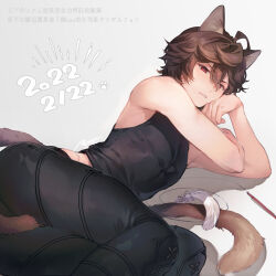 Rule 34 | 1boy, 2022, ahoge, animal ears, black pants, black shirt, brown hair, cat ears, cat tail, cat teaser, commentary, commentary request, cropped legs, dated, endend (shinia), english commentary, granblue fantasy, grey background, hair between eyes, hand on own chest, kemonomimi mode, looking at viewer, lying, male focus, messy hair, mixed-language commentary, on floor, on side, one eye closed, pants, parted lips, paw print, red eyes, sandalphon (granblue fantasy), shadow, shirt, short hair, signature, sleeveless, sleeveless turtleneck, solo focus, tail, translation request, turtleneck