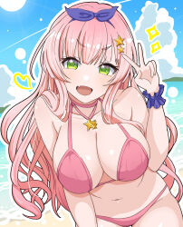 1girl beach bikini breasts cleavage commission daiichi_(1279220) green_eyes headband highres large_breasts leaning_forward looking_at_viewer navel ocean original pink_bikini pink_hair scrunchie skeb_commission smile solo star-shaped_pupils star_(symbol) swimsuit symbol-shaped_pupils v