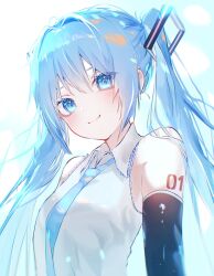 Rule 34 | 1girl, aqua eyes, aqua hair, aqua necktie, bare shoulders, black sleeves, closed mouth, collared shirt, commentary, detached sleeves, hair intakes, hair ornament, hatsune miku, highres, light blush, long hair, looking at viewer, necktie, number tattoo, r aa3n, shirt, shoulder tattoo, sidelocks, smile, solo, tattoo, twintails, upper body, vocaloid, white shirt