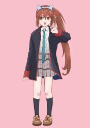 Rule 34 | 1girl, :o, animal ears, arm at side, black jacket, black socks, blue necktie, brown eyes, brown footwear, brown hair, cat ears, claw pose, collared shirt, commentary request, eyes visible through hair, fake animal ears, full body, grey skirt, hair between eyes, hand up, highres, jacket, kneehighs, little busters!, little busters! school uniform, long hair, looking at viewer, miniskirt, natsume rin, necktie, open clothes, open jacket, open mouth, oversized clothes, pink background, piyo (kinkooo333), plaid, plaid skirt, pleated skirt, ponytail, school uniform, shirt, shoes, simple background, skirt, sleeves past wrists, sneakers, socks, solo, standing, straight-on, very long hair, white shirt