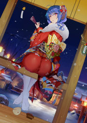 Rule 34 | 1163186334, 1girl, absurdres, argyle, arm support, ass, azur lane, bare shoulders, bell, bird, blue hair, bottle, cameltoe, charm (object), checkered ribbon, crossed ankles, floral print, flower, fur-trimmed kimono, fur trim, green ribbon, hair ornament, hand fan, highres, holding, holding fan, japanese clothes, kimono, lantern, large ribbon, looking at viewer, looking back, night, night sky, obi, pink flower, pink rose, purple eyes, red kimono, red ribbon, ribbon, rose, sake bottle, sash, shoes, unworn shoes, sitting, sky, snowing, st. louis (azur lane), st. louis (spirits in the snow) (azur lane), thighhighs, triangle mouth, white ribbon, white thighhighs, wooden floor, yellow ribbon