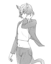 Rule 34 | 1girl, animal ears, arm at side, closed mouth, cowboy shot, eyepatch, flat chest, hair between eyes, hand in own hair, hand up, horse ears, horse girl, horse tail, iner (shakur mom), jacket, long sleeves, looking afar, midriff, navel, open clothes, open jacket, pants, shirt, short hair, solo, tail, tanino gimlet (umamusume), umamusume
