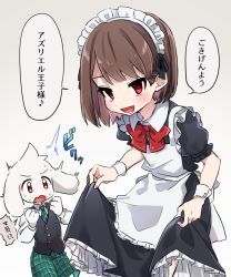 Rule 34 | 1boy, 1other, animal ears, apron, aqua neckwear, aqua shorts, asriel dreemurr, asymmetrical bangs, black dress, black vest, blush, bow, bowtie, brown eyes, brown hair, chara (undertale), clothes lift, collared shirt, cowboy shot, dress, dress lift, fang, feet out of frame, frilled dress, frills, furry, furry male, gradient background, green necktie, hands up, highres, leftporygon, long sleeves, looking at another, looking at viewer, maid, maid headdress, medium hair, necktie, open mouth, plaid, plaid neckwear, plaid shorts, puffy short sleeves, puffy sleeves, red eyes, red neckwear, shirt, short sleeves, shorts, simple background, skin fang, smile, sweat, underskirt, undertale, v-shaped eyebrows, vest, white apron, wrist cuffs