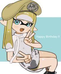 Rule 34 | 1girl, :d, beret, blonde hair, blue background, blue eyes, commentary request, double v, eyelashes, fang, feet out of frame, happy birthday, hat, inkling, inkling girl, inkling player character, invisible chair, long hair, looking at viewer, mt38lg, nintendo, open mouth, pointy ears, shirt, sitting, smile, solo, splatoon (series), splatoon 3, tentacle hair, two-tone background, v, white background, white shirt, yellow hat