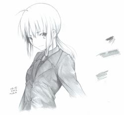 Rule 34 | 1girl, artist name, artoria pendragon (fate), dated, fate/zero, fate (series), formal, graphite (medium), greyscale, long hair, monochrome, necktie, ponytail, saber (fate), scan, smile, solo, suit, traditional media, tusia