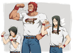 Rule 34 | 3boys, aged down, aged up, arm up, beard, belt, biceps, black hair, blush, cigar, clenched hand, closed eyes, denim, dual persona, facial hair, fate/zero, fate (series), flexing, grey background, grin, hand on own hip, iskandar (fate), jeans, long hair, lord el-melloi ii, male focus, multiple boys, necktie, odd one out, pants, parted bangs, red hair, shirt, short hair, size difference, smile, smoke, struggling, t-shirt, time paradox, trembling, waver velvet, white background, wristband, yun (neo)