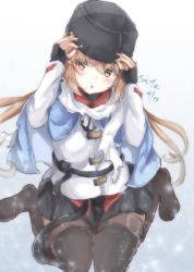 Rule 34 | adjusting clothes, adjusting headwear, artist name, bad id, bad twitter id, black skirt, boots, brown eyes, dated, fingerless gloves, fur hat, gloves, hat, hat ornament, highres, kantai collection, kneeling, light brown hair, long hair, papakha, sa-ya2, skirt, star (symbol), star hat ornament, tashkent (kancolle), thigh boots, thighhighs, twintails