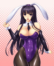 Rule 34 | 1girl, animal ears, between breasts, black hair, black pantyhose, blunt bangs, breasts, cleavage, covered erect nipples, cuffs, detached sleeves, fake animal ears, hime cut, hip focus, huge breasts, kamori sayaka, large breasts, latex, leotard, long hair, necktie, original, pantyhose, playboy bunny, purple eyes, rabbit ears, rindou (radical dream), shiny clothes, skin tight, solo, thick thighs, thighs, wide hips