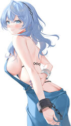 Rule 34 | 1girl, ahoge, ako (blue archive), ako (dress) (blue archive), arm behind back, bare back, blue archive, blue dress, blue eyes, blue hair, blue halo, bracelet, breasts, butt crack, commentary request, dress, evening gown, hair between eyes, halo, jewelry, large breasts, looking at viewer, medium hair, official alternate costume, sideboob, sideless dress, sideless outfit, simple background, single handcuff, sleeveless, sleeveless dress, solo, white background, yana mori