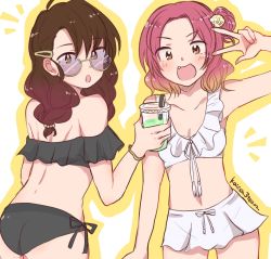 Rule 34 | 2girls, :d, :o, alternate hairstyle, ass, bikini, bikini skirt, black bikini, bracelet, brown eyes, brown hair, commentary request, cup, disposable cup, drinking straw, fang, frilled bikini, frills, from behind, girls und panzer, green-framed eyewear, hair down, hair ornament, hair tie, hair up, hairclip, highres, holding, holding cup, jewelry, kaisen (kaisen3team), long hair, looking at viewer, looking back, looking over eyewear, looking over glasses, low-tied long hair, medium hair, multiple girls, notice lines, off-shoulder bikini, off shoulder, open mouth, purple-tinted eyewear, purple-tinted glasses, red hair, rosehip (girls und panzer), round eyewear, rukuriri (girls und panzer), shell hair ornament, side-tie bikini bottom, smile, standing, sunglasses, swimsuit, tinted eyewear, twitter username, w, white bikini