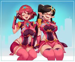 Rule 34 | + +, 2girls, blush, breasts, callie (splatoon), cosplay, crossover, large breasts, little blood, multiple girls, nintendo, pointy ears, pyra (xenoblade), pyra (xenoblade) (cosplay), short sleeves, shorts, sitting, splatoon (series), teeth, tentacle hair, twintails, xenoblade chronicles (series), xenoblade chronicles 2, yellow eyes