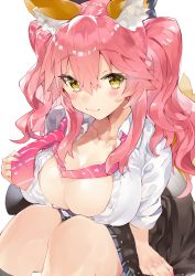 Rule 34 | 10s, 1girl, animal ears, blush, bow, breasts, cleavage, collarbone, dress shirt, fate/extra, fate (series), fox ears, fox tail, hair between eyes, hair bow, highres, knees up, kou mashiro, large breasts, long hair, necktie, official alternate costume, pink hair, pink necktie, shirt, sidelocks, simple background, sitting, skirt, smile, solo, tail, tamamo (fate), tamamo no mae (fate/extra), twintails, white background, yellow eyes
