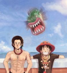 Rule 34 | 2boys, bandana, blue sky, brothers, fish, jewelry, jolly roger, male focus, monkey d. luffy, multiple boys, muscular, necklace, ocean, one piece, outdoors, pirate, portgas d. ace, sharp teeth, shirt, topless male, siblings, sky, smile, t-shirt, teeth