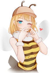 Rule 34 | 1girl, bee costume, blonde hair, blue eyes, blush, breasts, cowboy shot, finger heart, fur-trimmed collar, fur trim, heart, highres, hololive, hololive english, medium breasts, medium hair, nail polish, one eye closed, shirt, solo, striped clothes, striped shirt, tfqr, virtual youtuber, watson amelia, white background, wristband, yellow nails