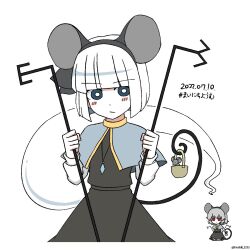 Rule 34 | 2girls, animal ears, basket, black eyes, black hairband, black skirt, black vest, bright pupils, capelet, closed mouth, commentary, cosplay, dated, dowsing rod, ghost, grey capelet, grey hair, hairband, highres, hoshii 1213, jewelry, konpaku youmu, konpaku youmu (ghost), mouse ears, mouse girl, mouse tail, multiple girls, nazrin, nazrin (cosplay), pendant, red eyes, short hair, simple background, skirt, solo focus, tail, touhou, twitter username, vest, white background, white hair, white pupils