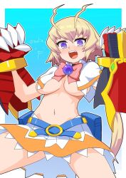 Rule 34 | 1girl, amanohara minori, arcana heart, blonde hair, breasts, large breasts, legs, looking at viewer, nalia, navel, open mouth, purple eyes, short hair, skirt, smile, solo, thighs, underboob
