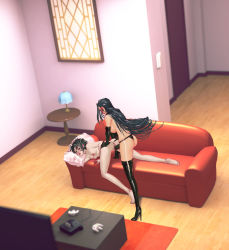 Rule 34 | 2girls, 3d, anus, ass, ass grab, barefoot, bdsm, black footwear, black gloves, black hair, black lagoon, bondage, boots, bound, breasts, couch, dildo, doggystyle, dominatrix, elbow gloves, femdom, frederica sawyer, full body, game console, gloves, high heel boots, high heels, highres, indoors, joixxx, lamp, large breasts, latex, legs, long hair, long legs, medium breasts, multiple girls, nintendo 64, nipple chain, nipple piercing, nipples, nude, object insertion, panties, perky breasts, piercing, running bond, scar, scar on neck, sex, sex from behind, sex toy, shenhua, shoes, short hair, sideboob, small breasts, spread ass, stiletto heels, strap-on, table, thigh boots, thighhighs, thighs, thong, top-down bottom-up, topless, uncensored, underwear, vaginal, vaginal object insertion, very long hair, wooden floor, xoi, yuri