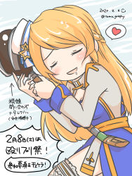 Rule 34 | 1girl, :d, arch bishop (ragnarok online), blonde hair, blue background, blue dress, blush, braid, breasts, cleavage, cleavage cutout, closed eyes, clothing cutout, commentary request, cowboy shot, cross, dated, dress, french braid, frilled thighhighs, frills, heart, highres, holding, holding staff, long hair, medium breasts, open mouth, ragnarok masters, ragnarok online, sash, smile, solo, spoken heart, staff, thighhighs, tomo-graphy, translation request, two-tone dress, white dress, white thighhighs, yellow sash