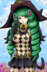 Rule 34 | 1girl, absurdres, black gloves, black hat, black skirt, breasts, drill hair, fiore brunelli, gloves, green hair, green lips, hair ornament, hat, highres, kiteh4ck, large breasts, lipstick, long hair, makeup, miniskirt, skirt, solo, star ocean, star ocean integrity and faithlessness, twin drills, witch, witch hat, wizard, yellow eyes
