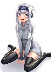 Rule 34 | 1girl, :d, alternate costume, bandaged leg, bandages, between legs, black bow, black thighhighs, blush, bow, breasts, dress, folded ponytail, hand between legs, headband, kamoi (kancolle), kantai collection, large breasts, long sleeves, looking at viewer, no shoes, open mouth, purple eyes, short hair with long locks, sidelocks, silver hair, simple background, sleeves past wrists, smile, solo, striped, sweater, sweater dress, tareme, thighhighs, turtleneck, turtleneck sweater, unowen, vertical stripes, white background, zettai ryouiki