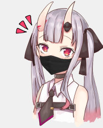 Rule 34 | !, 1girl, bare shoulders, black ribbon, blush, collar, dildo, dildo under mask, heart, heart-shaped pupils, highres, hime apple, hololive, horns, mask, mouth mask, multicolored hair, nakiri ayame, nakiri ayame (streetwear), necktie, oni, red eyes, ribbon, sex toy, shirt, simple background, skin-covered horns, solo, symbol-shaped pupils, twintails, virtual youtuber, white shirt