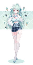 Rule 34 | 1girl, absurdres, aqua hair, blue footwear, blue skirt, blush, breasts, cleavage, closed mouth, colored shadow, commentary request, crossed legs, finger to mouth, flower, food, garter straps, hair flower, hair ornament, hand on own hip, hand up, highres, ice cream, ice cream cone, large breasts, long hair, long sleeves, looking at viewer, macaron, original, plaid, plaid skirt, puffy long sleeves, puffy sleeves, red eyes, shadow, shoes, shrug (clothing), skirt, sleeves past wrists, smile, solo, tandohark, thighhighs, very long hair, watson cross, white background, white flower, white thighhighs