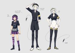 Rule 34 | 1boy, 2girls, black choker, black footwear, black headwear, black jacket, black pants, black thighhighs, breasts, cheer (cheerpuppy14), choker, cleavage, clenched hands, closed mouth, crop top, demon tail, english text, frown, full body, hands on own hips, highres, jacket, kneehighs, large breasts, leotard, multiple girls, murder drones, n (murder drones), one eye closed, pants, plaid, plaid skirt, pleated skirt, purple eyes, purple hair, purple skirt, purple thighhighs, shoes, short hair, skirt, socks, standing, striped clothes, striped thighhighs, tail, thighhighs, uzi (murder drones), v (murder drones), white footwear, white hair, white jacket, white leotard, yellow eyes