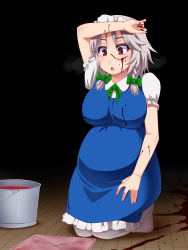 Rule 34 | 1girl, bad id, bad pixiv id, blood, blood on clothes, blood on face, blood on hands, blood splatter, bloody clothes, bloody dress, blue dress, braid, breasts, bucket, cleaning, dress, gradient background, hayashi custom, highres, izayoi sakuya, large breasts, maid, maid headdress, open mouth, pantyhose, pregnant, puffy short sleeves, puffy sleeves, rag, red eyes, seiza, shirt, short sleeves, silver hair, sitting, solo, touhou, twin braids