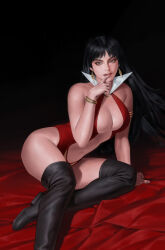 Rule 34 | 1girl, black footwear, black hair, boots, breasts, clothing cutout, collar, earrings, gold bracelet, grey eyes, highres, jewelry, large breasts, long hair, looking at viewer, navel cutout, one-piece swimsuit, red nails, red one-piece swimsuit, sitting, solo, swimsuit, thigh boots, vampirella, vampirella (character), white collar, yoon junggeun