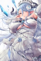 Rule 34 | 10s, 1girl, arms up, blue flower, blue hair, blue rose, blush, bow, breasts, breath, crystal, draph, dress, elbow gloves, eyes visible through hair, floating hair, flower, from below, frown, gloves, granblue fantasy, hair between eyes, hair ornament, hair over one eye, hat, highres, horns, izmir, large breasts, long hair, looking down, mole, mole under mouth, open mouth, pekoneko, pink eyes, pointy ears, rose, snowflake hair ornament, solo, underboob, very long hair, white bow, white dress, white gloves, white hat
